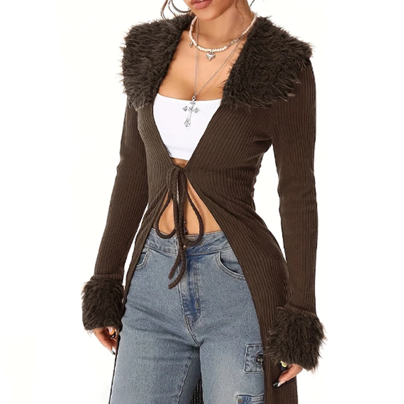 가을 겨울 Y2K 여성용 가디건 재킷 패션 캐주얼 빈티지 골지 니트 브라운 플란넬 텍스처 레이스업 블랙 롱 가디건