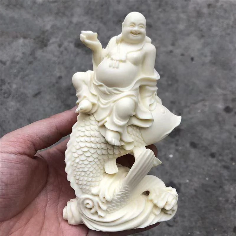 Resin Laughing Buddha Sitting on Fish Statue Ivory-style Maitreya Figurine for Feng Shui Home Office Decor Wealth Good Luck Gift