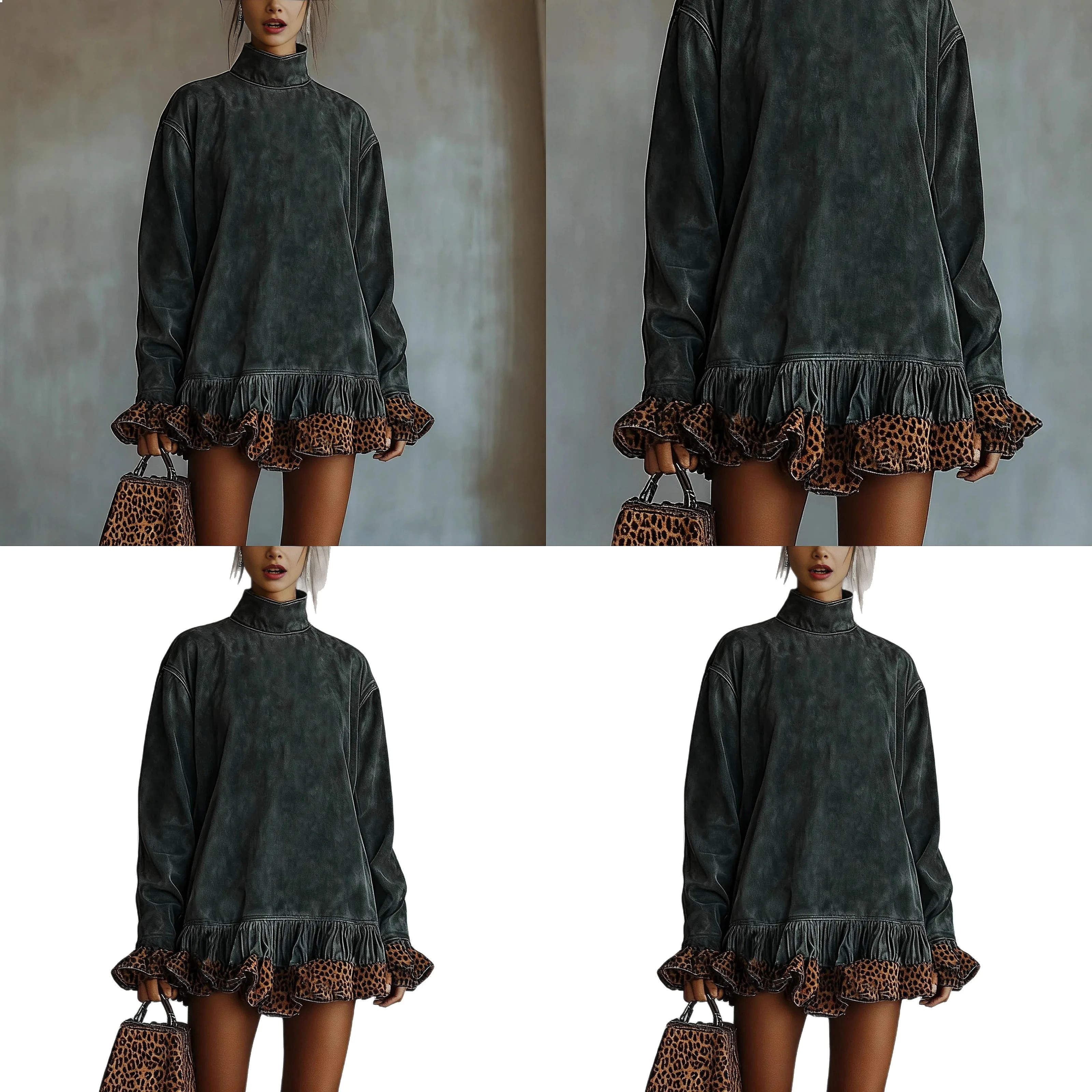 

Sexy Leopard Print Long Sleeve Turtleneck Dress Bodycon Jumpsuit Women Spring Summer High Neck Split Midi Dresses