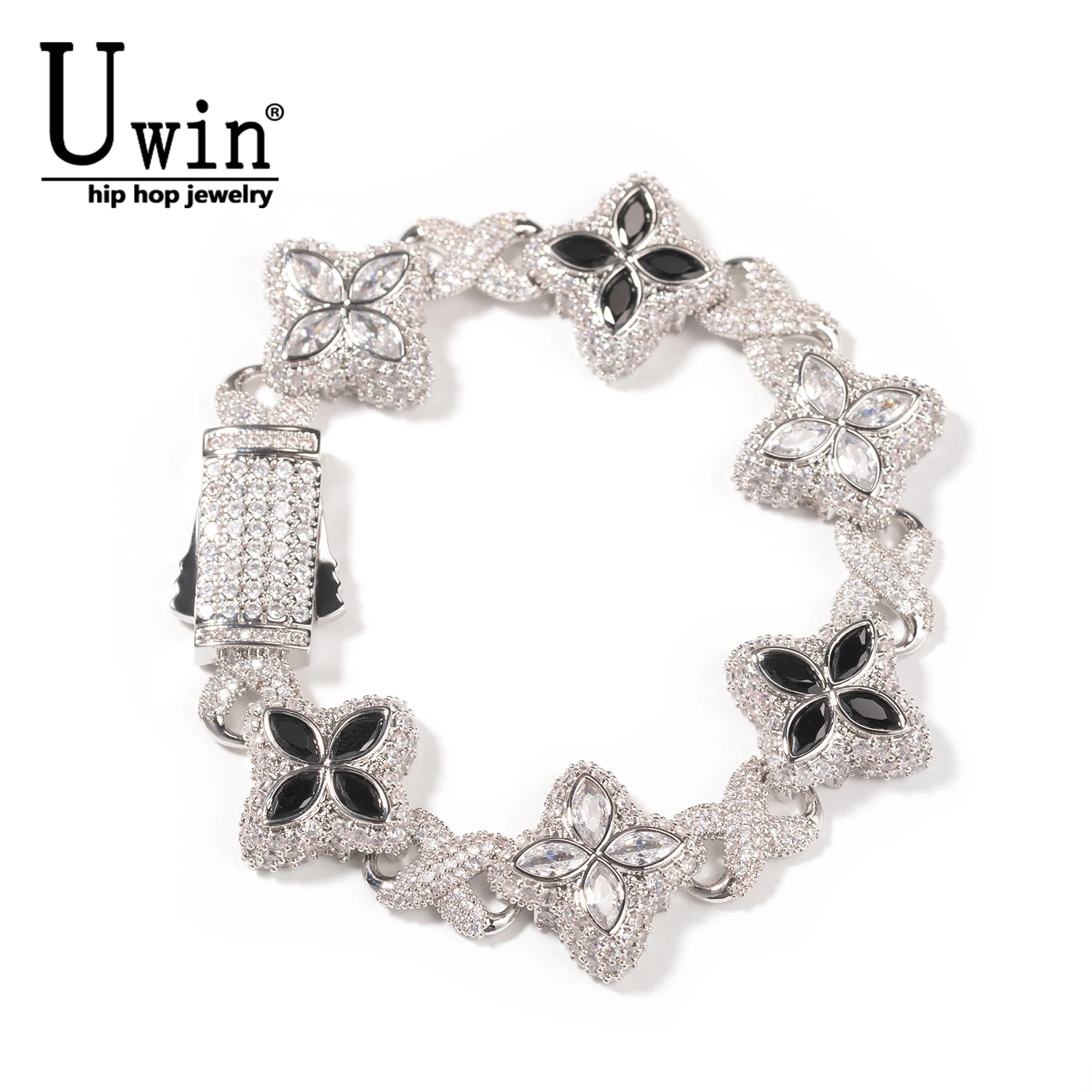 

Uwin Multi Color CZ Floral Infinity Link Chain Bracelet Micro Paved Out 5A+ Rainbow Cubic Zircon Clover Necklace Luxury Jewelry