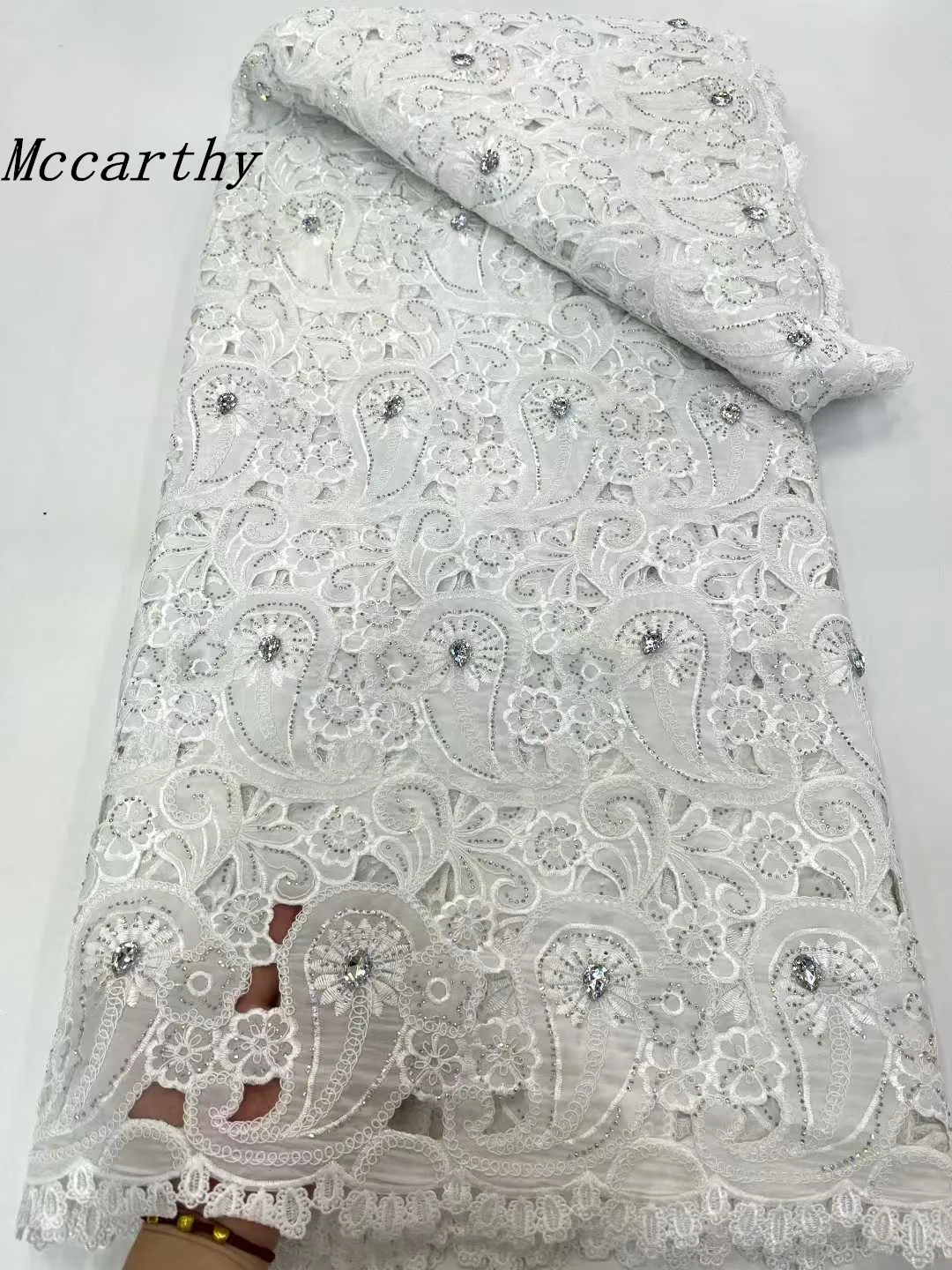 

Hot Sale Nigerian Lace Chiffon Cord Lace Fabric 2025 High Quality Lace White Stones Luxury African Fabrics 5 Meters Dress