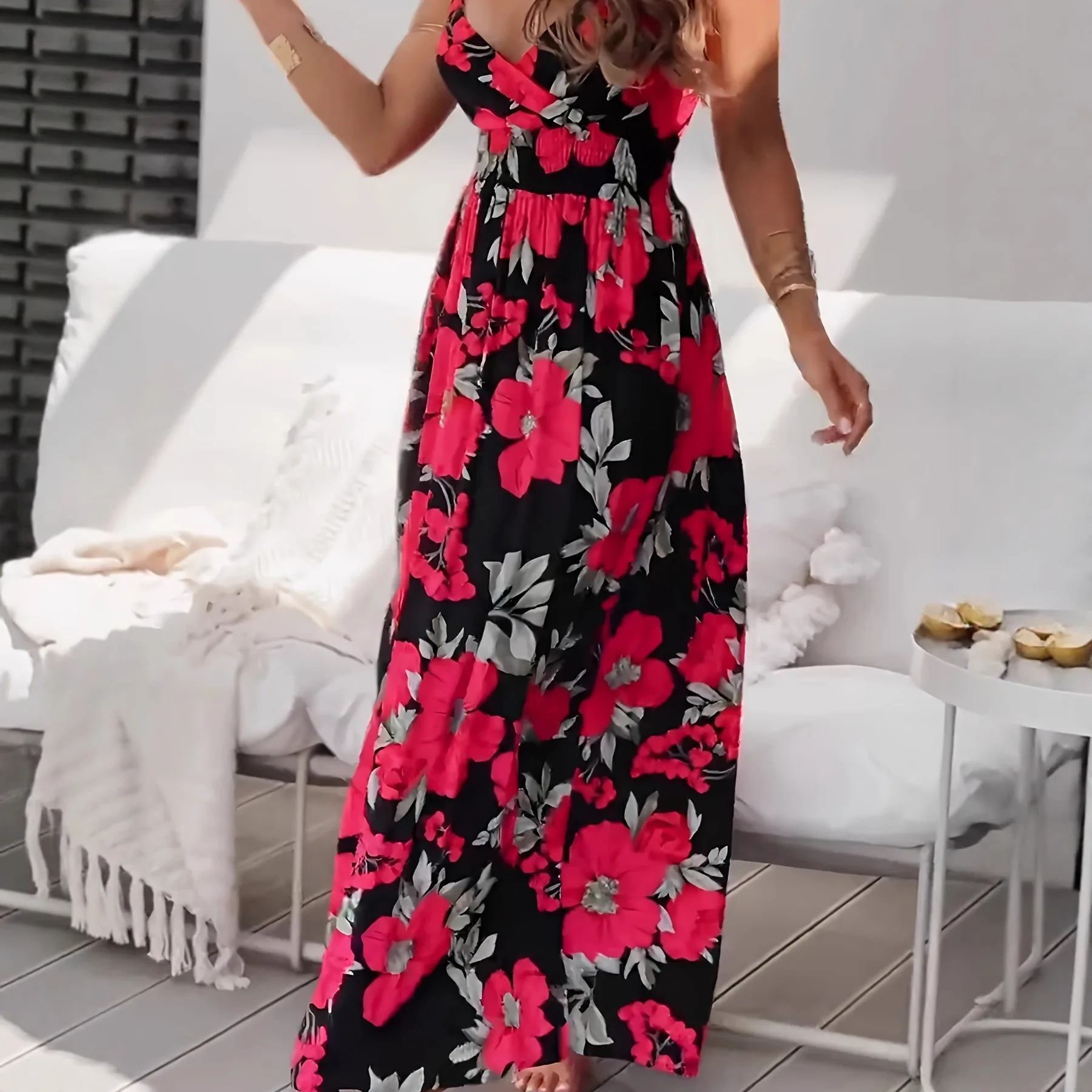 بالإضافة إلى حجم المألوف سليم صالح فستان طويل عميق الخامس الرقبة طباعة عطلة نمط فستان بدون حمالات نسيج البوليستر منتصف طول ألف خط...