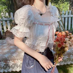 Summer Japanese Lolita Kawaii Blouse Women Lace Pink France Sweet Cute Blouse Female Puff Sleeve Korean Style Crop Tops 2023 New