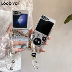 Fashionable Mirror Cartoon Bear Phone Case for Samsung Galaxy Z Flip 3 4 5 6 Flip6 Zflip5 ZFlip4 ins Bracelet Slim Plating Cover