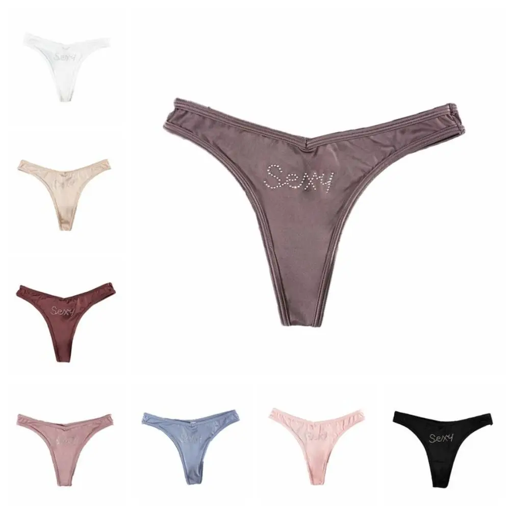 Ice Silk Silk Panties Underpants Cotton Crotch Rhinestone Letter Briefs Low Waist French Style Satin Thongs for Women