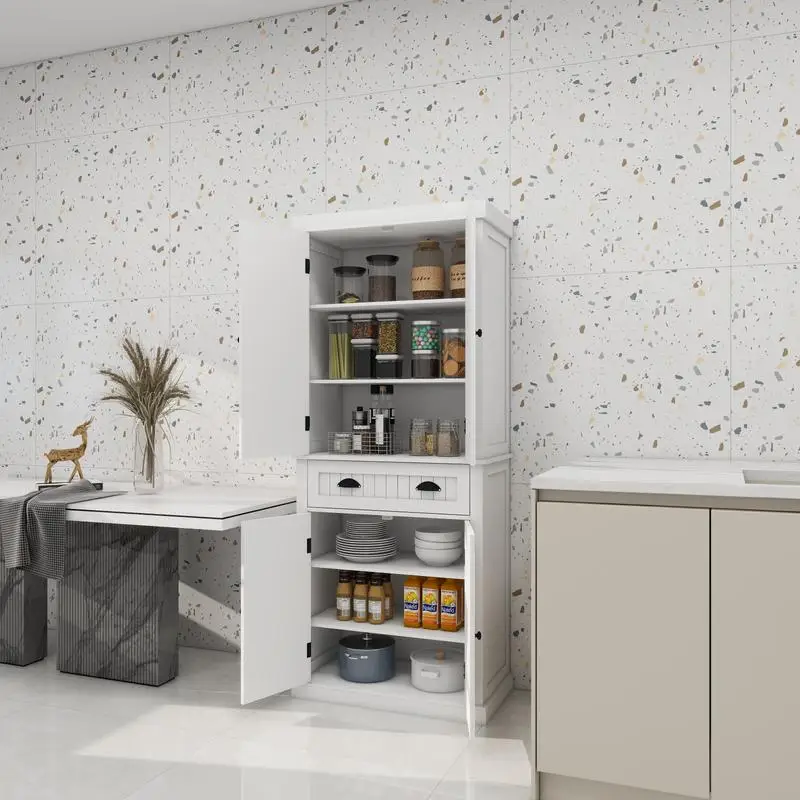 خزانة تخزين مخزن المطبخ مقاس 71 بوصة، 4 أبواب، درج، رفين قابلين للتعديل، خزانة قائمة بذاتها لغرفة الطعام، غرفة المعيشة،