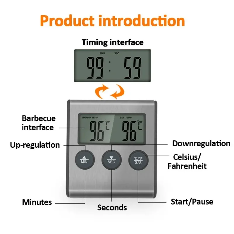 

2pcs Kitchen Digital Cooking Thermometer Meat Food Temperature For Oven BBQ Grill Timer Function with Probe Heat Meter