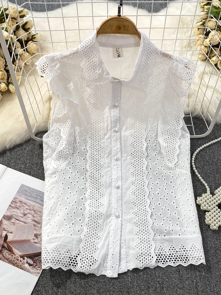 Water Soluble Lace Blusas Femme Patchwork Hollowed-Out Embroidery Sleeveless Shirts Single Breasted Loose Cotton Blouses