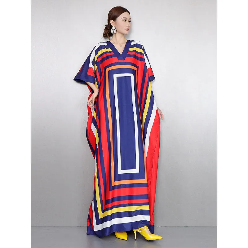 Kaftan Dress with Geometric Prints - Loose Fit & Colorful Stripes for Women | Large Sizes Available