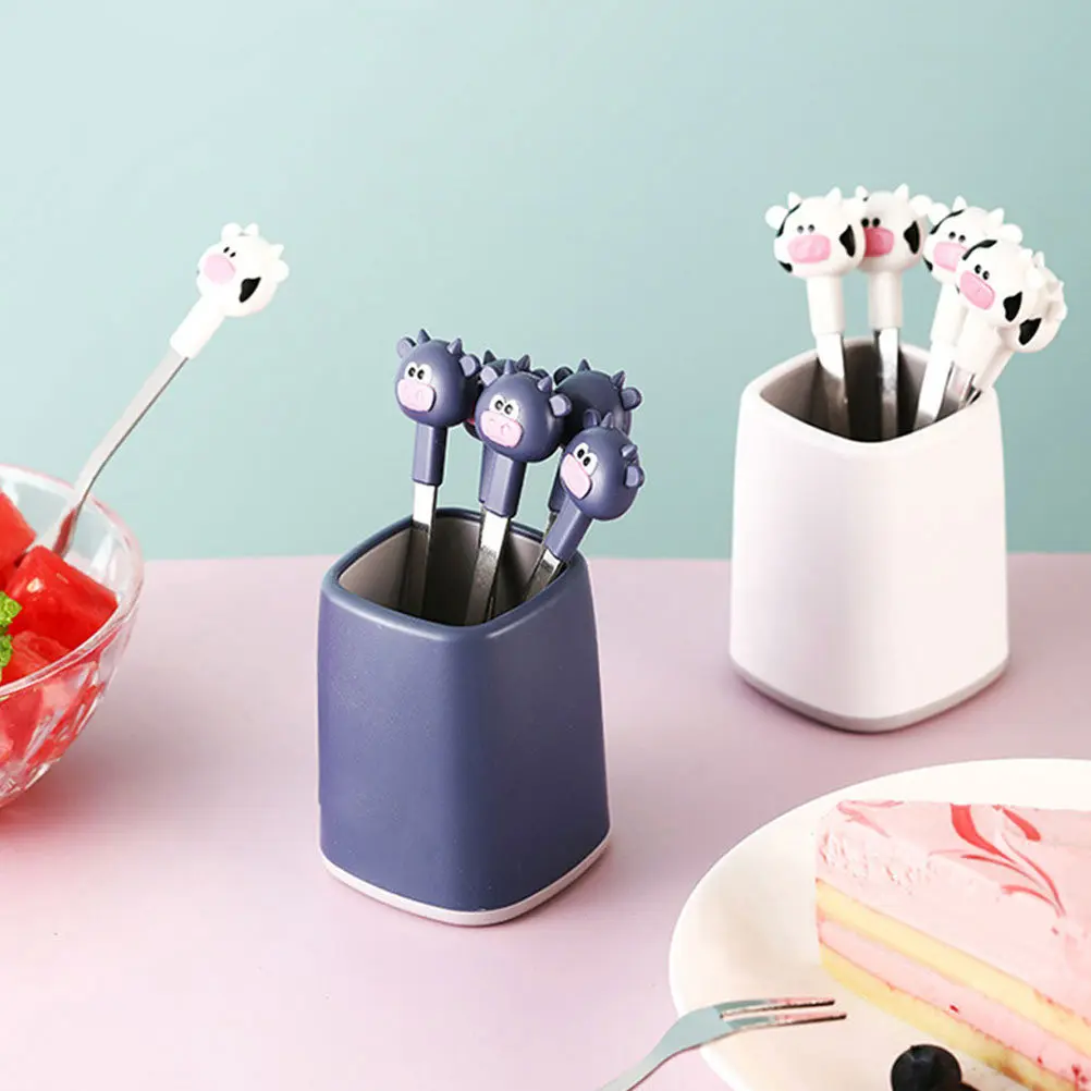 

1Set Stylish Stainless Steel Fruit Forks Set with Holder Cartoon Calf Design for Desserts Cakes Salads Seafood Olives Fine