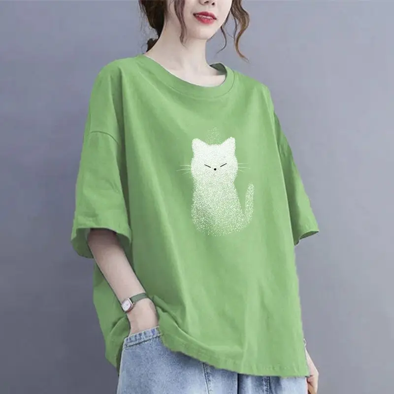 Oversized Cotton Half Sleeve T-Shirt Summer Casual All-match O-neck Loose Top Tee Ladies Simplicity Pullover Cartoon Tee Shirt