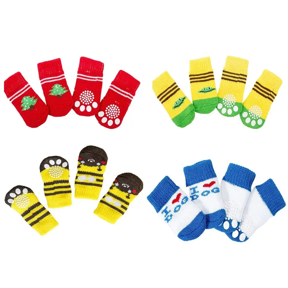 4Pcs Pet Cat Dog Floor Anti-slip Socks Autumn Winter Warm Soft Wool Socks Pet Kitten Puppy Anti-freeze Feet Paw Protector Socks