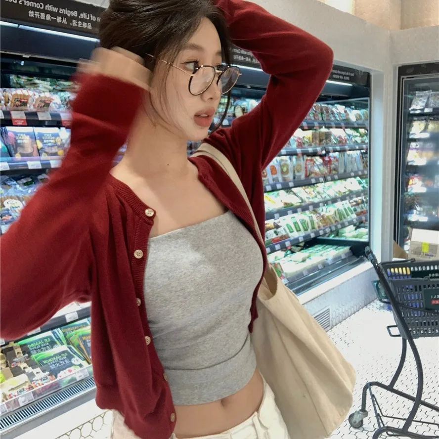 

Red Knit cardigan Early Autumn Women clothes New 2024 Outdoor Crop Sweater Outerwear Long sleeve Top Bottoming Shirt