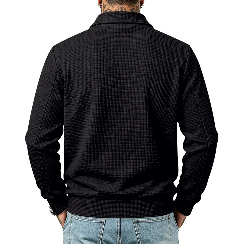 Herren Frühlings- und Herbstjacke aus Waffelstrick mit Reißverschluss, lässig, locker, leicht, mit Kragen, für den Alltag. – Detail 39