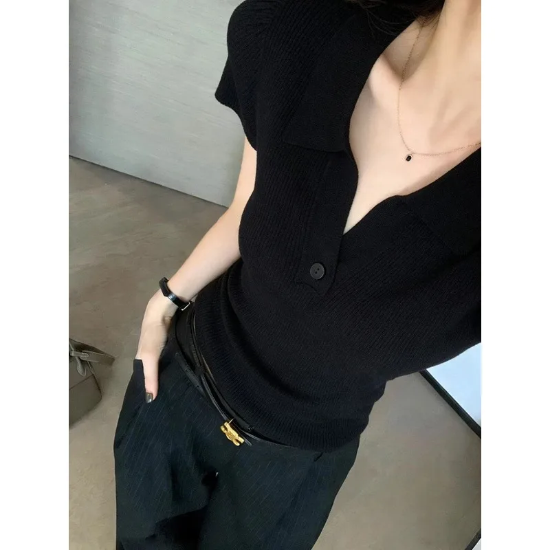 Women's Old Money Style Polo Collar Ribbed Knit Top Ice Silk Short Sleeve Slim Fit Lapel T Shirt