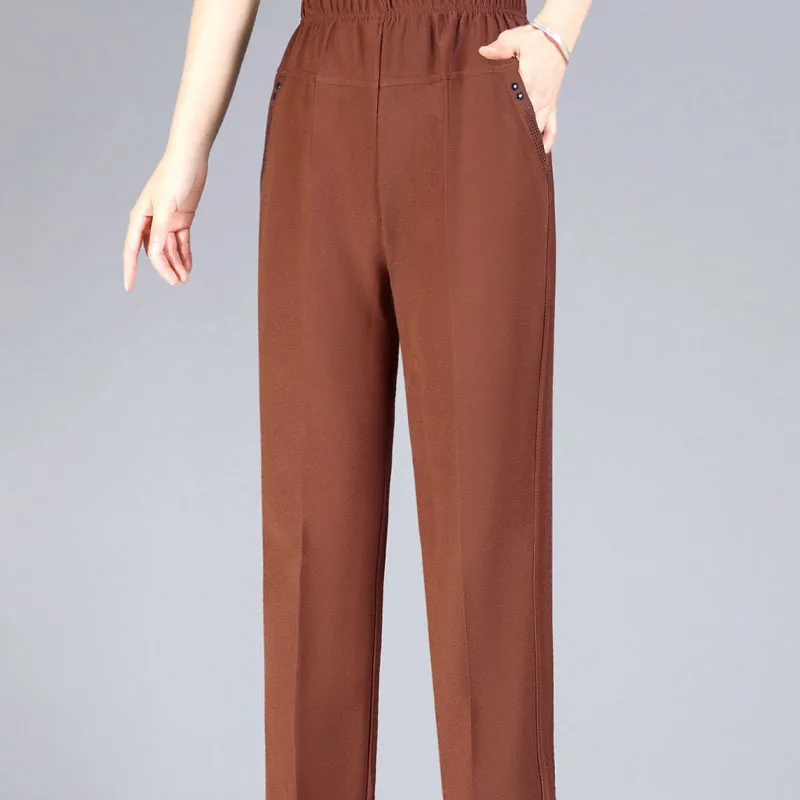 Loose Straight Elastic Waist Ankle-length Pants Vintage Black Coffee Colour Pockets Embroidered Flares Decorate Leisure Pants