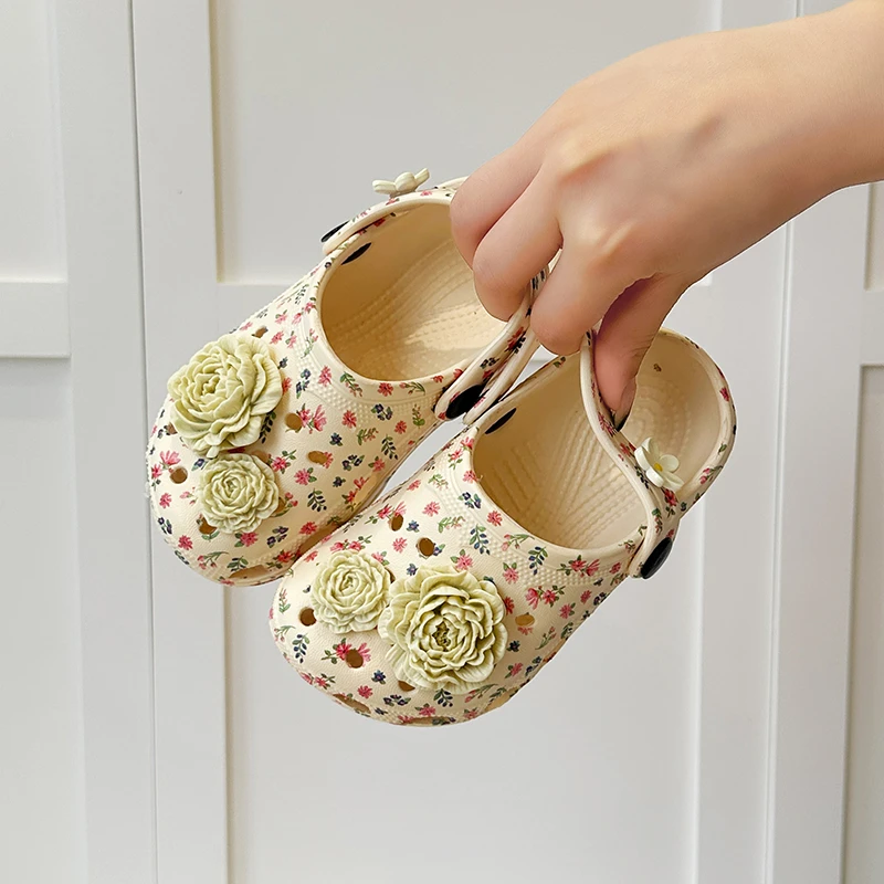Toddler Girls Floral Print Mary Jane Clogs Open Hole EVA Sandals 3D Rose Flower Thick Platform Sole Summer Beach Pool Slides