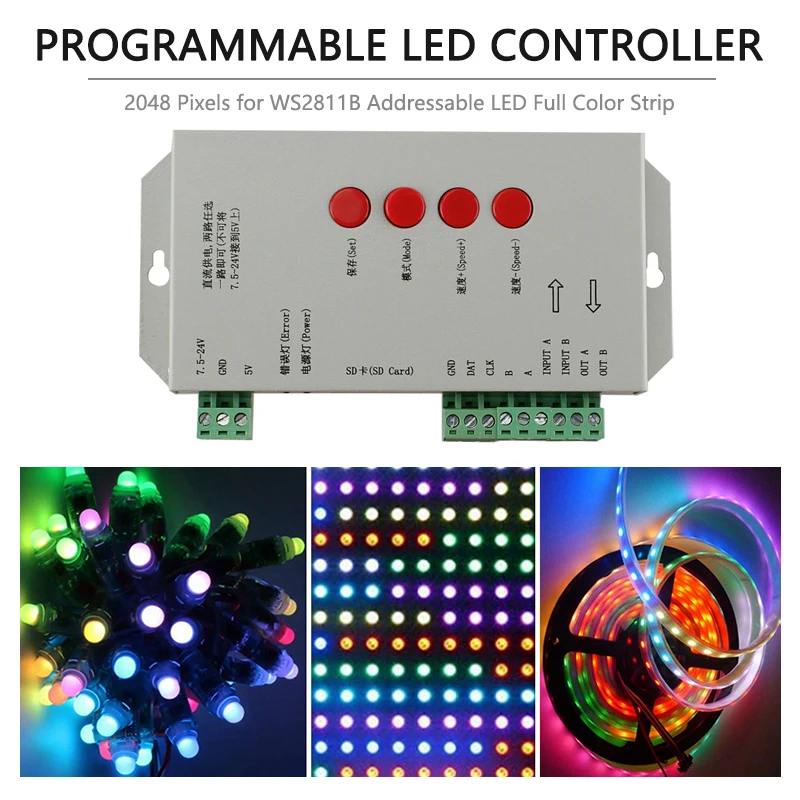 T-1000S LED RGB Full Color Programmable 2048 Pixel Controller with SD Card for WS2811 2812B 1903 IC Addressable 5-24V LED Lights