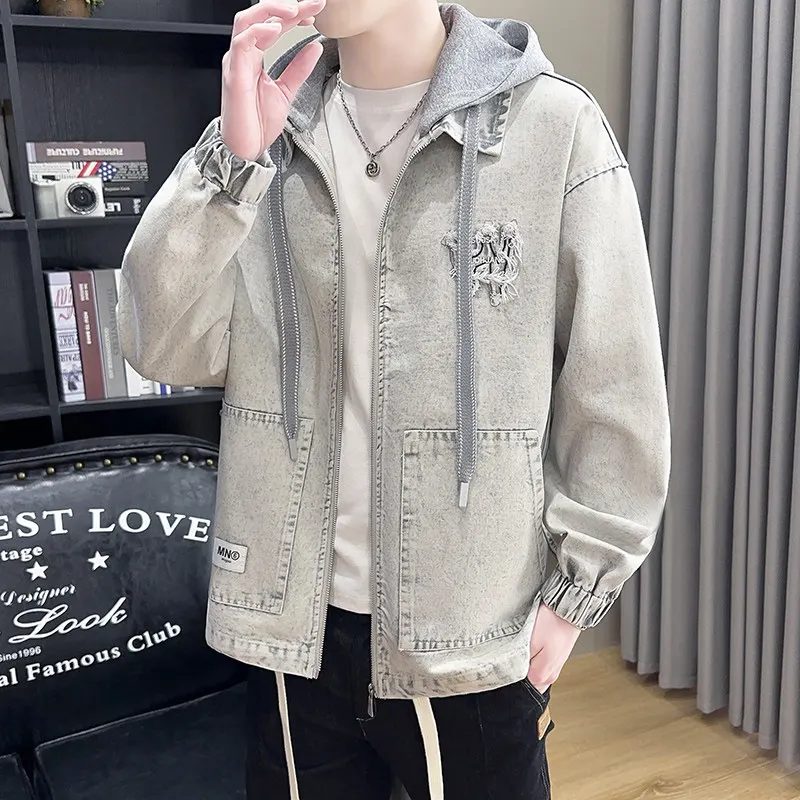 

Осенняя мужская повседневная джинсовая куртка со съемным капюшоном, молодежная универсальная рабочая одежда в стиле ретро, американская застежка-молния Long Sve Oute...