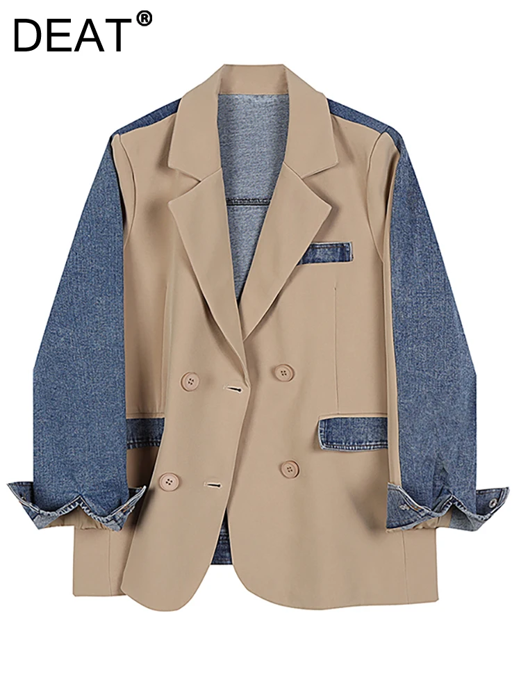 DEAT Women\'s Blazer Notched Collar Patchwork Denim Long Sleeve Khaki Long Sleeve Suit Coat 2024 Autumn New Fashion 29L1530