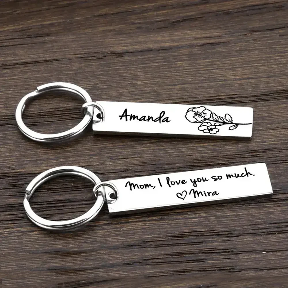 

Customized Engraved Keychain for Women Men Name Stainless Steel Personalized Custom Engraved Birthday Flower Anti-lost Keyring