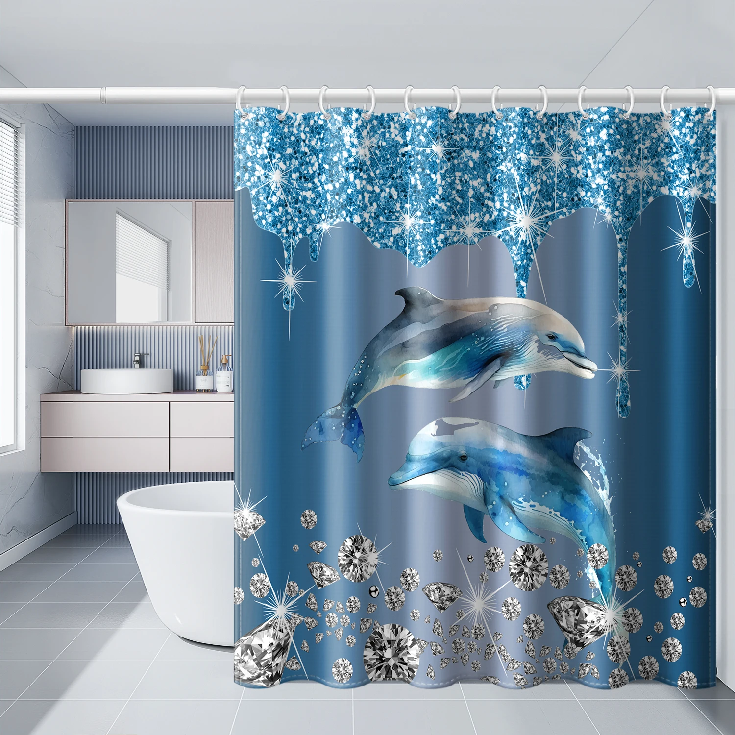 4-piece set of shiny dolphin waterproof printed shower curtains with 12 hooks and bathroom floor mats