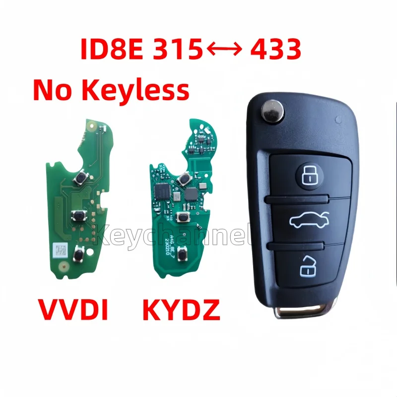 1pcs 3 Buttons ID8E 315 433MHz Car Key Remote Normal Flip Remote No Keyless Xhorse 8E Key KYDZ ID8E Wireless Remote for A6L Q7