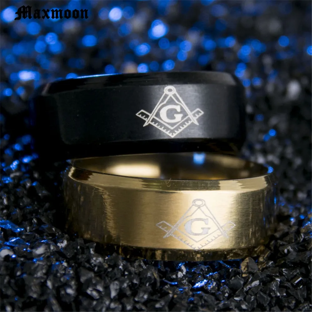 Maxmoon Hot 8mm Brushed Gold-Color Masonic Stainless Steel Titanium Band Men Ring Cool Black Freemason Male Rings