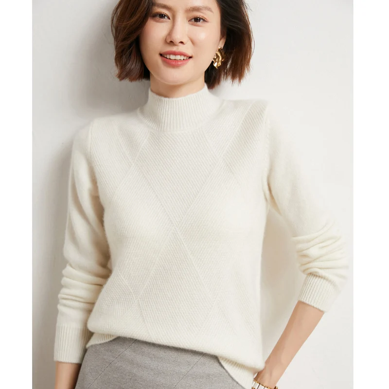 

2024 Autumn/Winter New Knitted Casual Half High Collar Woolen Sweater 100% Pure Wool Thickened