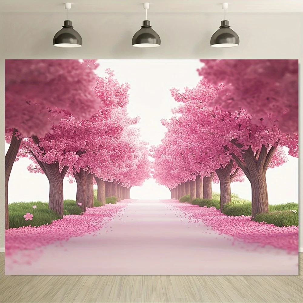 Cherry Blossom Path Wall Art Spring Floral Background Wedding Photo Booth Decor Romantic Garden Scene 2D Flat Printing Home