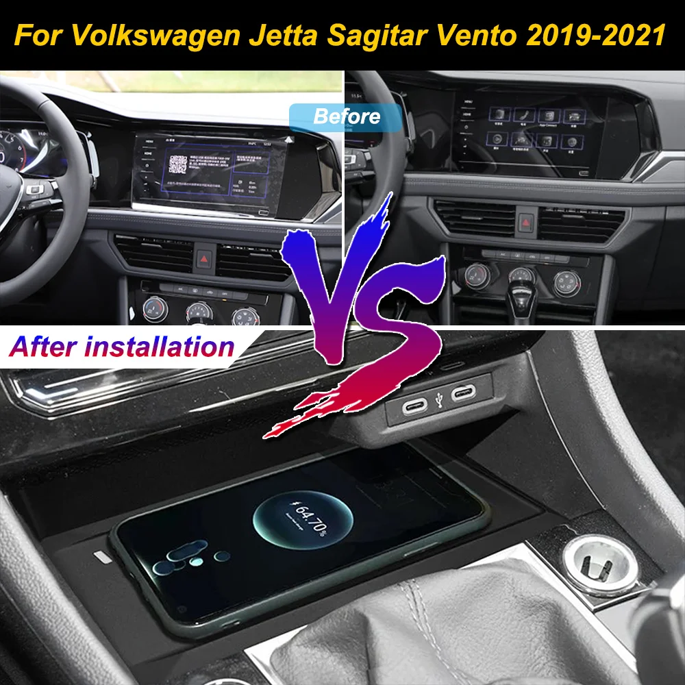 Carregador sem fio para celular, suporte para console central com carregamento rápido para Volkswagen Jetta Sagitar Vento 2019-2021