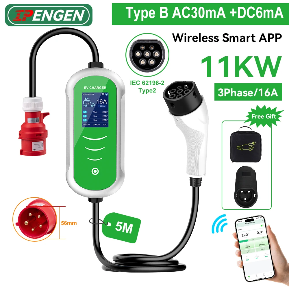 

IPENGEN Type2 11KW EV Charger Portable 3Phase Electric Car Charger IP65 Waterproof 16A EVSE Charging With Woreless APP Control