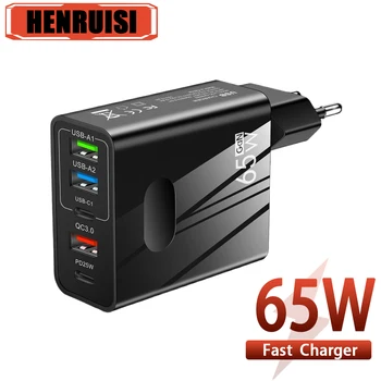 65W GaN USB şarj 5 port tipi C PD hızlı şarj cep telefonu güç adaptörü QC 3.0 için Xiaomi iPhone 15 Samsung duvar şarj