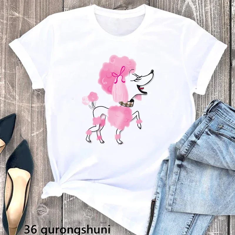 Cute Pink Poodle Animal Print White T Shirt Women Dog Mom Lover Shirt Mothers Day Gift Summer 2024 Woman Clothes Custom Tshirt