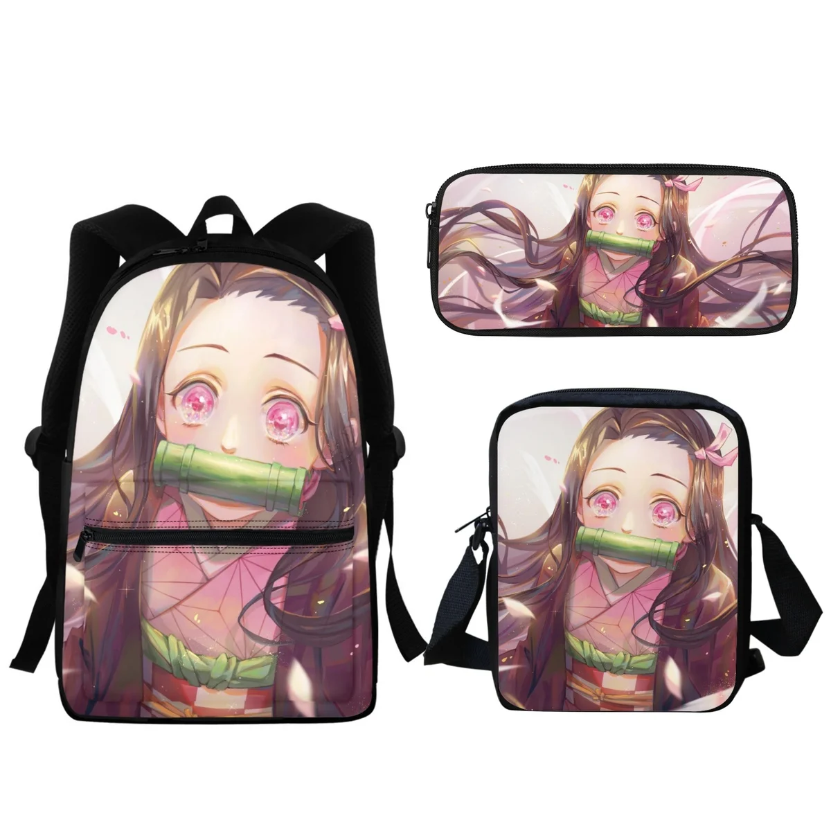 

Kamado Nezuko Kawaii школьный рюкзак для девочек, повседневный большой вместительный рюкзак на молнии, портативный ланч-портфель, пенал, подарок для детей