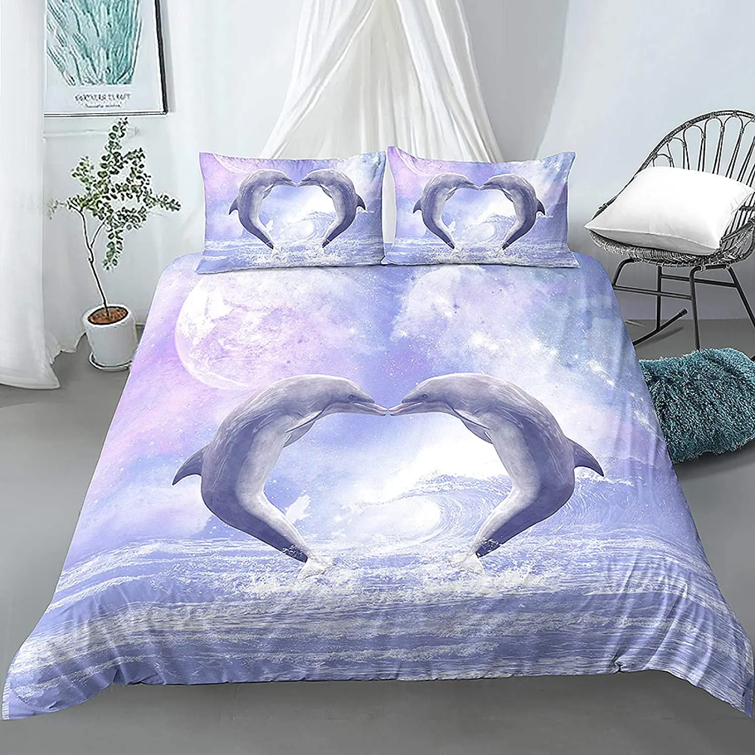 Dolphin Duvet Cover Set Cute Kawaii Wild Animals King Queen Full Size Polyester Bedding Set For Kids Boys Girls Comforter Cover