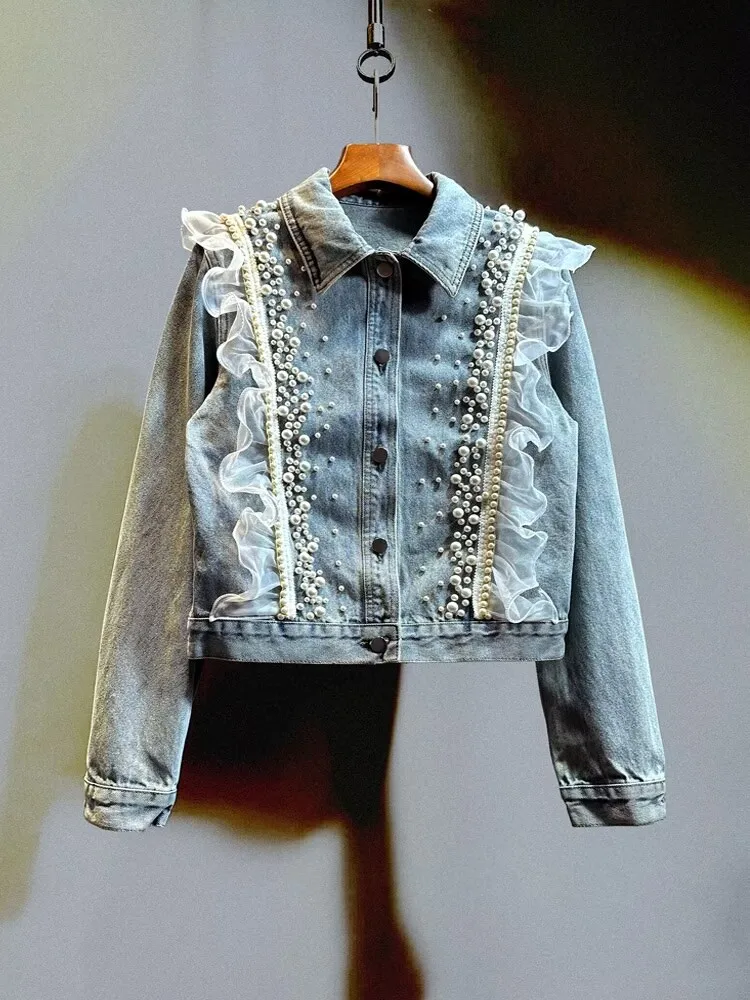 

Spring Heavy Work Beaded Lace Stitching Short Denim Jacket Women Blue Light Blue Lapel Single-breasted Long Sleeve Jeans Jacket