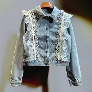 Jacke-Jeans mit kurzen Ausnahmen für Frauen, schwere Arbeiten, Spitzennähten, hellblau, Revers, Einzelbrust, Langarmjacke, Frühling Jeans Jacke 8 Hauptverkäufe Frauen hellblauer Mantel - №8
