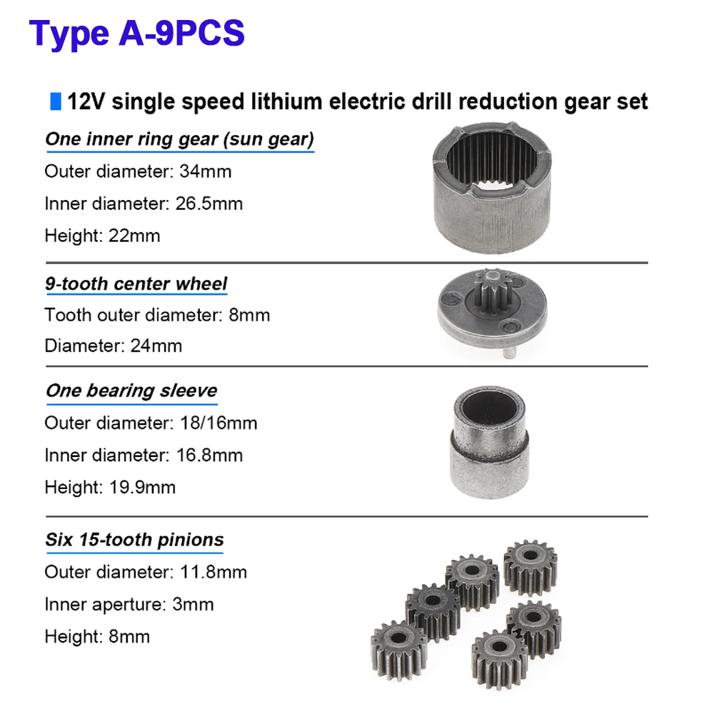 9pcs /20pcs /set Gears Single Speed Electric Drill DC Motor Gear Accessories Set 12V Reduction Gear with Bearing Sleeve