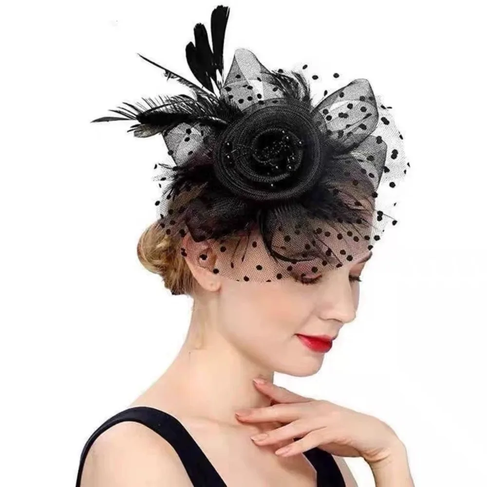 

Fashion Exquisite Feathers Fascinator Hat Polka Dot Elegant Tea Party Mesh Hair Band Hair Hoop Sweet Bride Headdress Lady