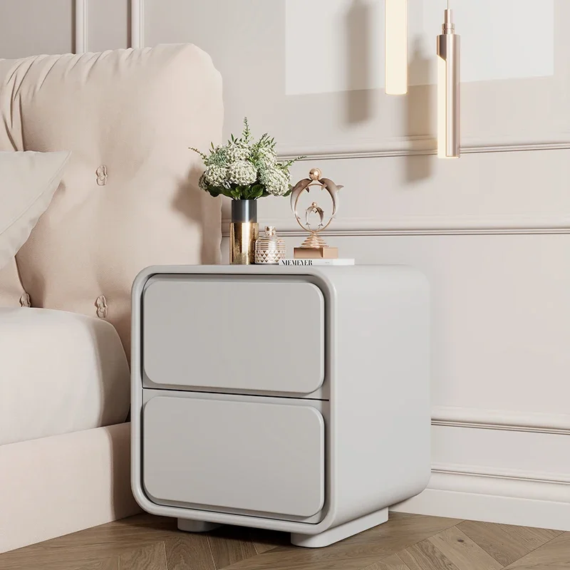 

Scandinavian Bouclé Bedside Table Solid Wood & Leather Storage No-Installation Compact Bedroom Hotel Furniture