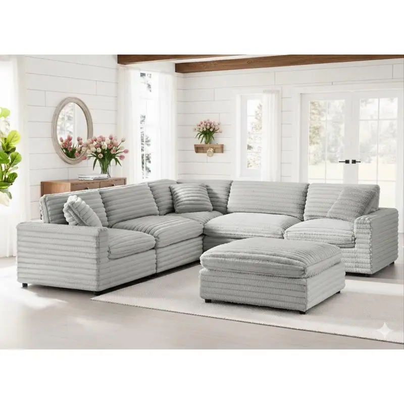 6-Piece Sectional Sofa in Ultra Plush Gray Polyester Cord-Like Fabric