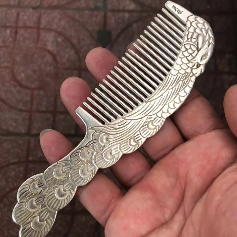 ヴィンテージ風のアンティーク加工を施した白銅銀メッキの鳳凰モチーフの櫛工芸品
