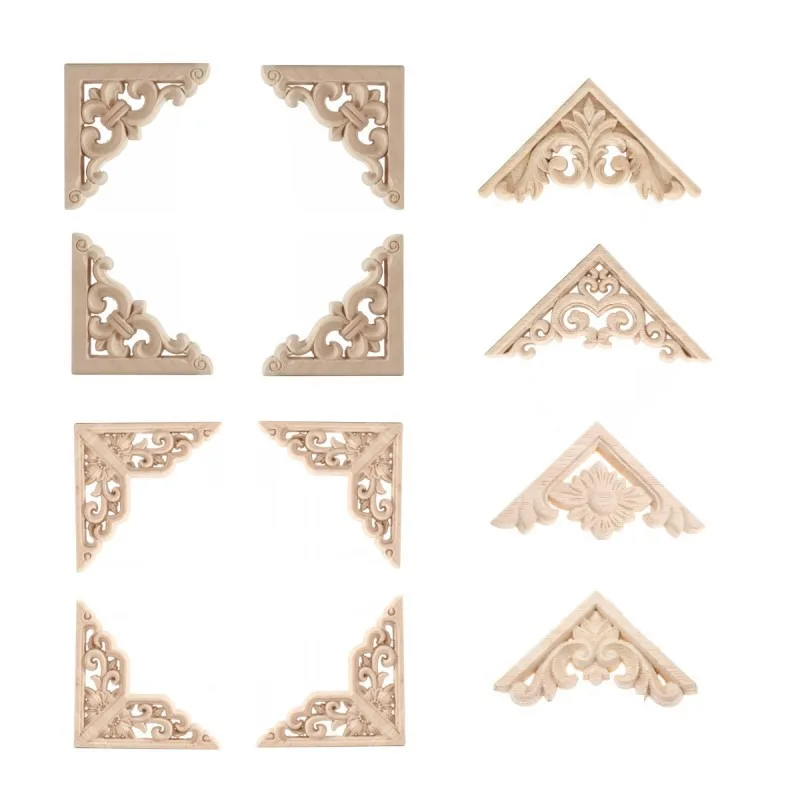 

4PCS Chinese Carving Solid Wood Appliques for Furniture Cabinet Unpainted Wooden Mouldings Decal Vintage Home Decor Decorative