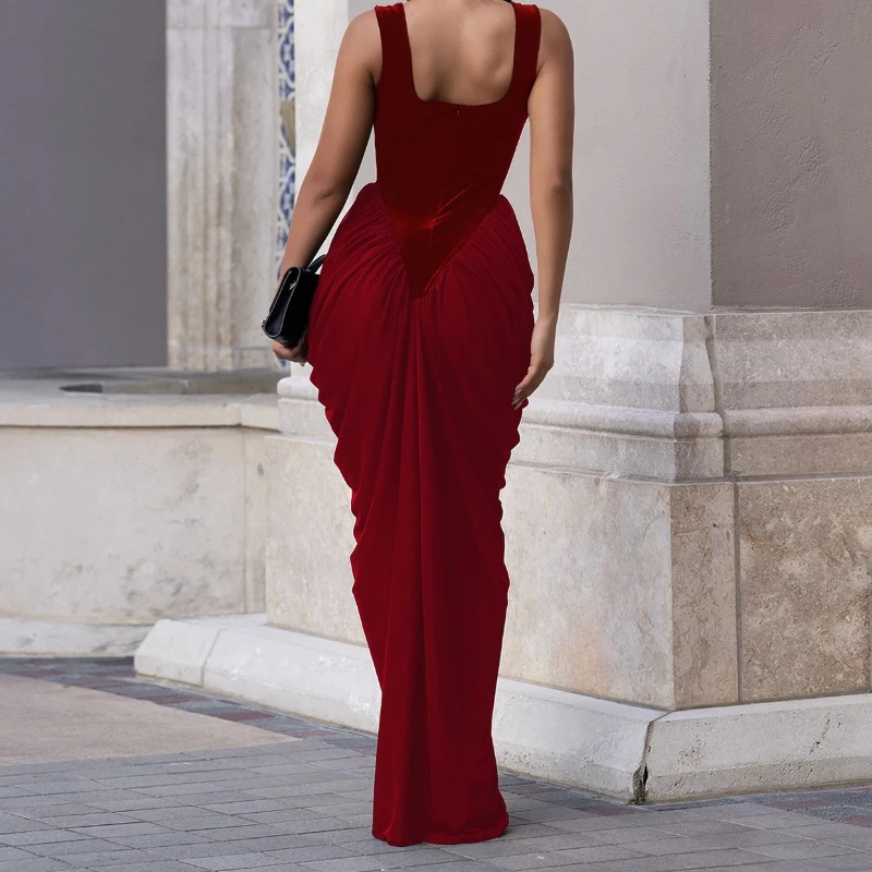 Women Velvet Stacked Ruched Sleeveless Bodycon Long Maxi Dresses 2026 Fall Sexy Party Trendy Birthday Evening Dress Vestidos
