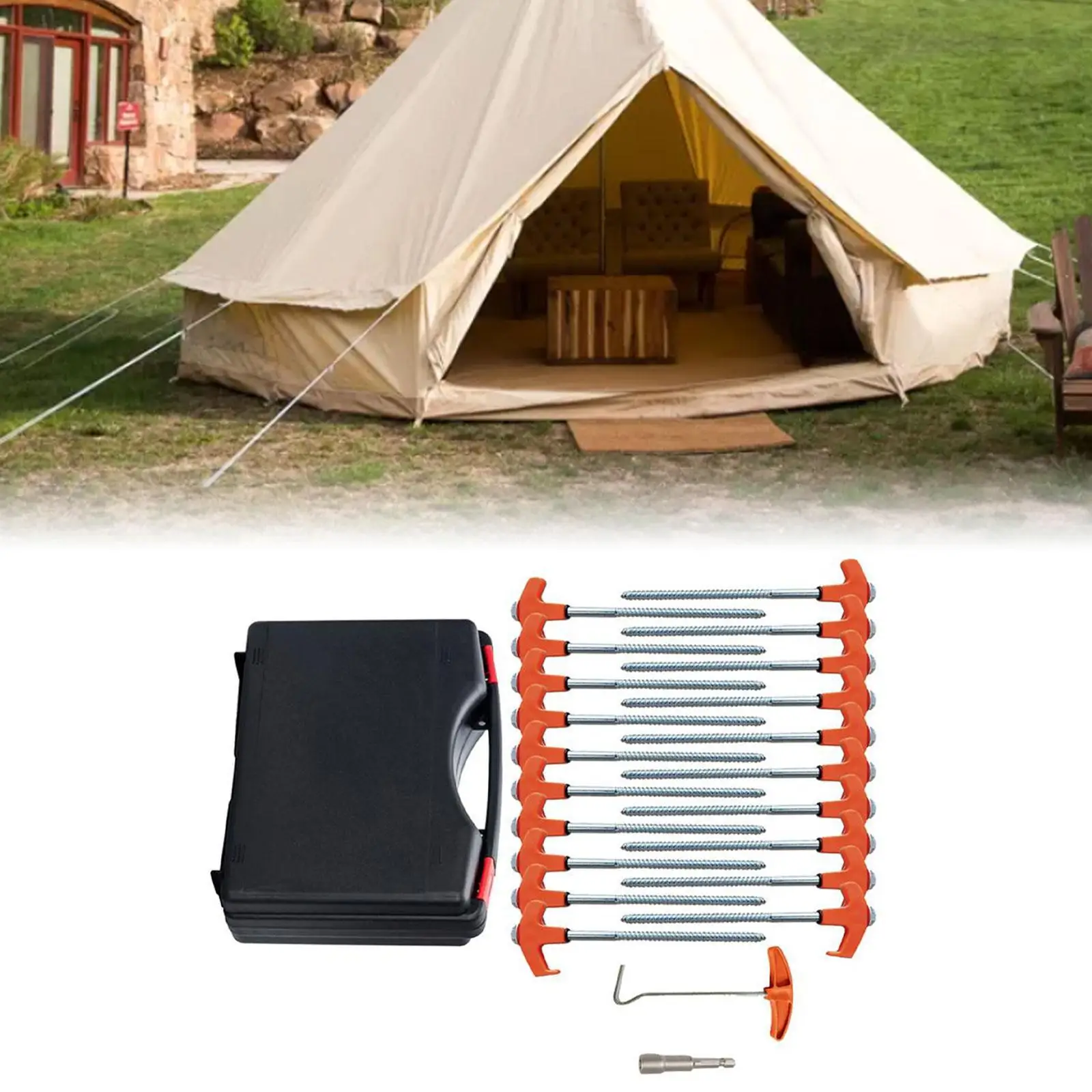 

20x Tent Stakes Screw Pegs Ground Anchors with Hex Head Driver and Storage Box Heavy Duty Ground Stakes for Picnic Shelter