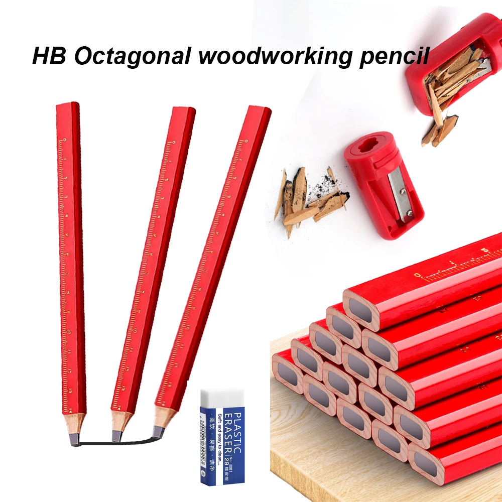 

Набор из 12 карандашей HB с плоским восьмиугольным корпусом, нескользящие, с миллиметровой шкалой, черные, профессиональные, для черчения и деревообработки