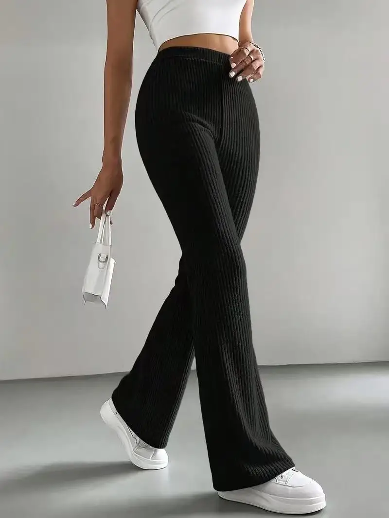 

2025 Autumn New Flared Pants for Women Solid Color Casual Pants Ribbed Knit Fashionable Versatile Slim-Fitting Long Pants