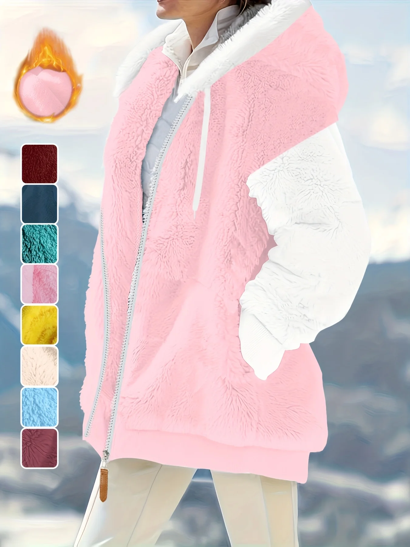 Women's Autumn and Winter Fashion Color-Blocking Printed Plush Warm Zip-Up Loose Jacket