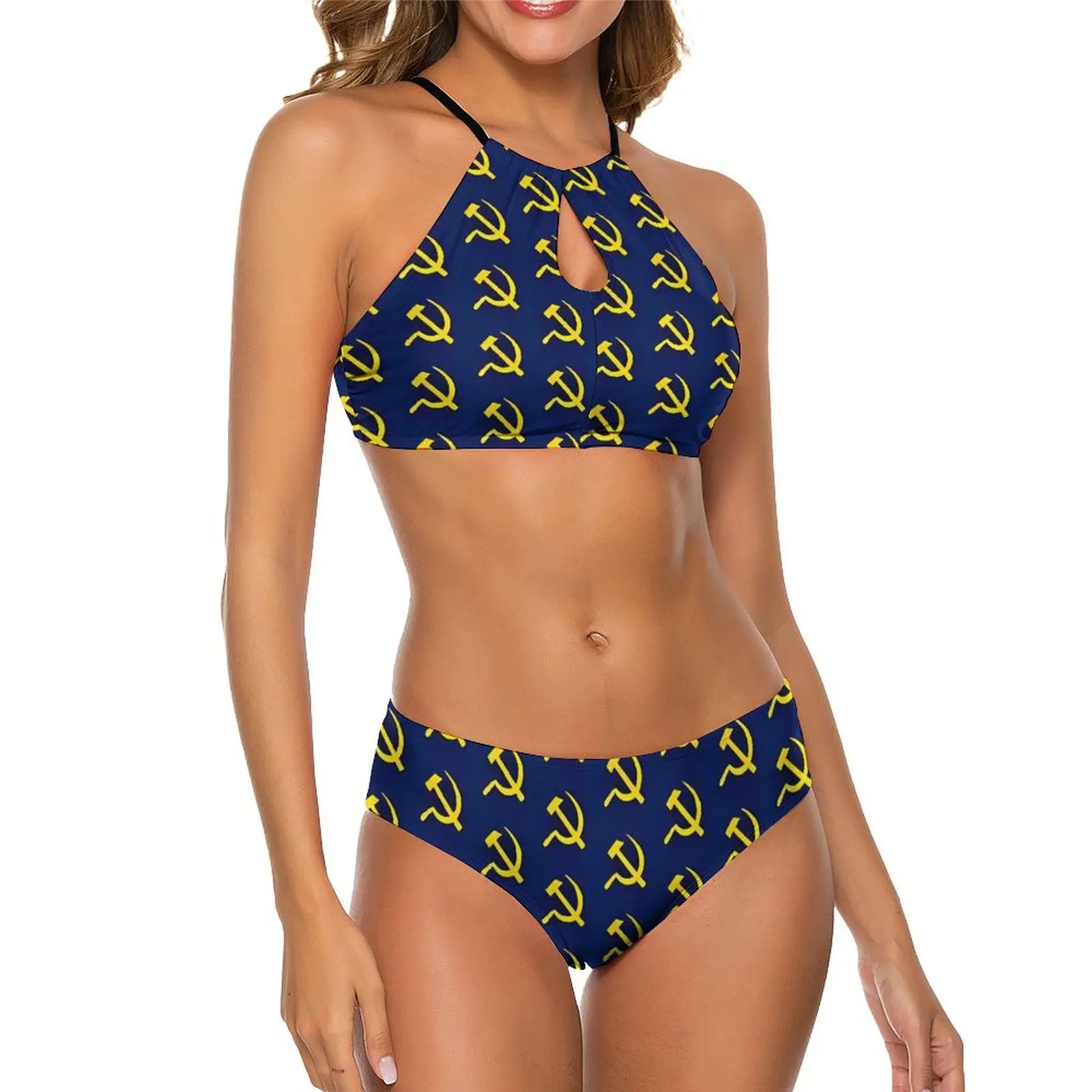 CCCT Blue Hammer And Sickle Bikini Swimsuit Sexy  Swimwear Women Bikini Set 2 Pieces Push Up Custom High Neck Bathing Suit